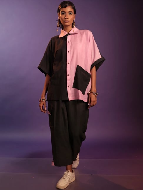 quirkybae Quirky Bae Pink & Black Cotton Color-Block Shirt-picture-10