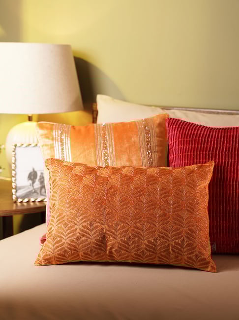 Pure Home and Living Orange Velvet Embroidery Cushion Cover