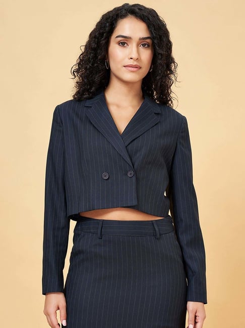 Annabelle by Pantaloons Baritone Blue Striped Cropped Blazers