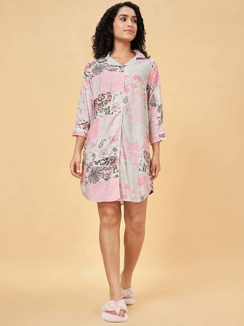 Dreamz by Pantaloons Grey Pink Printed Night Dress