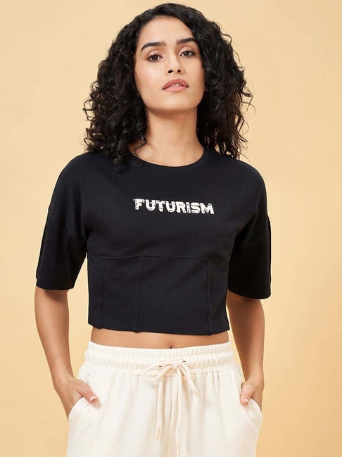 Ajile by Pantaloons Jet Black Cotton Printed Cropped T-Shirt-picture-173