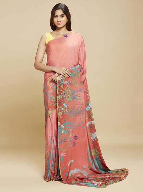navyasa by liva Coral Floral Print Saree With Unstitched Blouse-picture-39