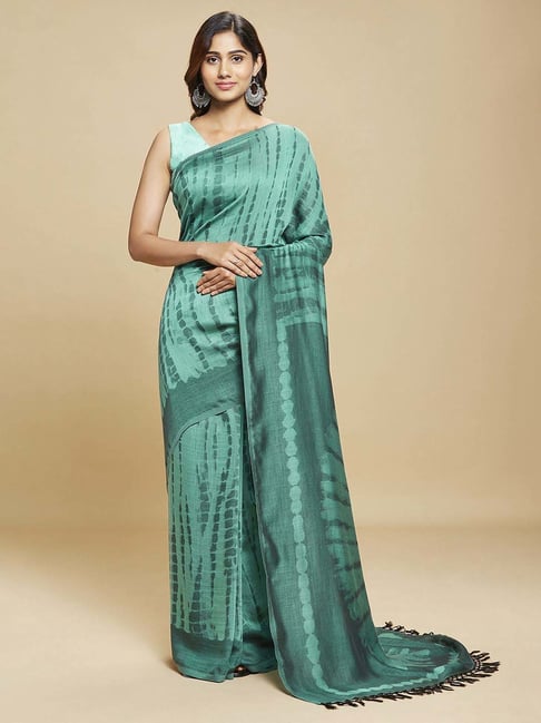 navyasa by liva Blue Printed Saree With Unstitched Blouse-picture-33