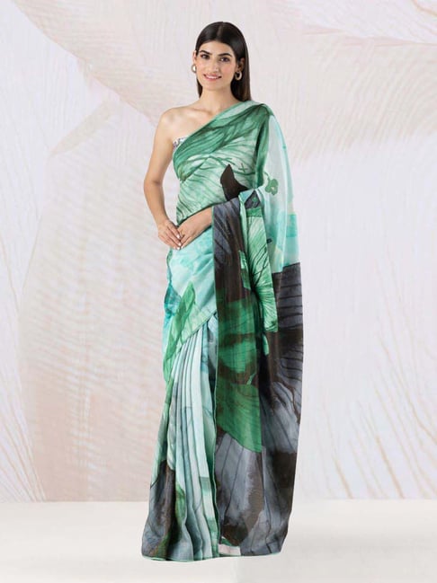 navyasa by liva Green & Grey Printed Saree With Unstitched Blouse-picture-13