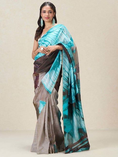 navyasa by liva Blue & Grey Printed Saree With Unstitched Blouse-picture-44