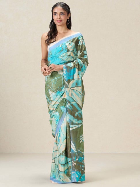 navyasa by liva Blue & Green Printed Saree With Unstitched Blouse-picture-38