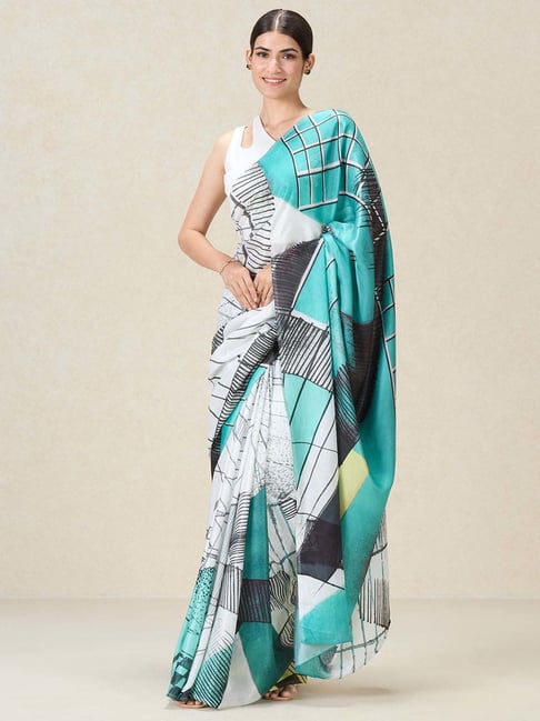 navyasa by liva White & Blue Printed Saree With Unstitched Blouse-picture-31