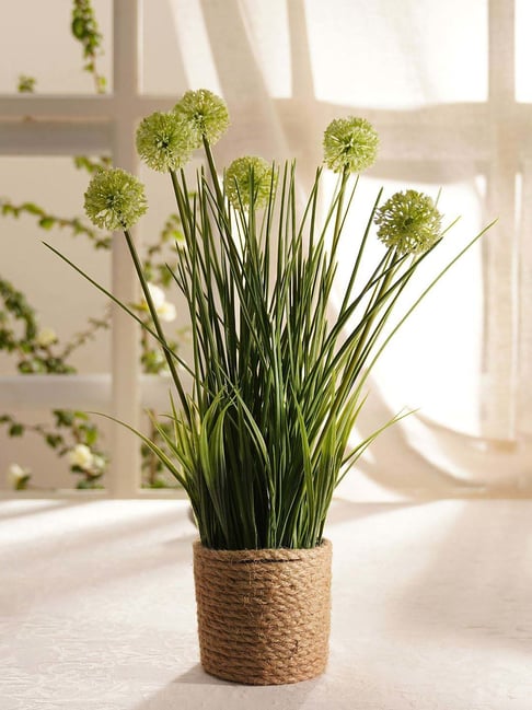 Pure Home and Living Green Plastic Artificial Onion Flower With Rattan Basket-picture-13