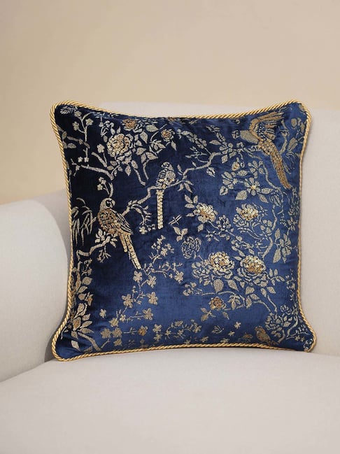 Pure Home and Living Blue Viscose Velvet Bird Embroidered Cushion Cover