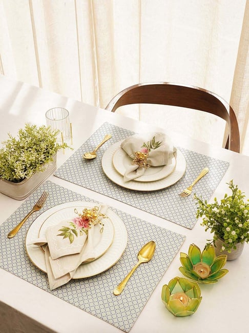 Pure Home and Living Blue & Off White Cotton Geometric Placemats - Set of 2-picture-42