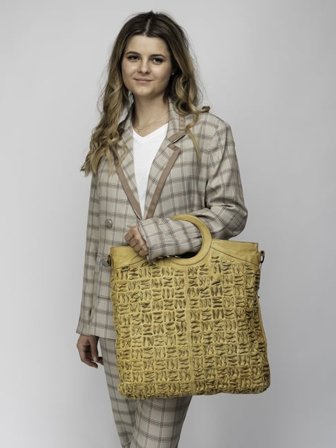 Art N Vintage Esther Mustard Yellow Leather Textured Large Handbag-picture-28