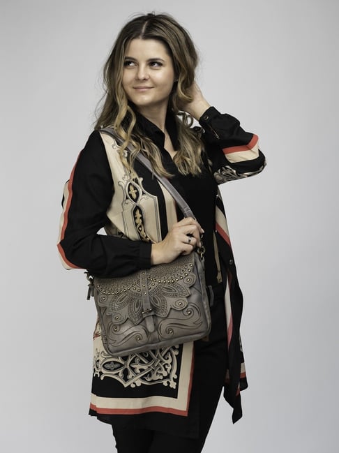 Art N Vintage Carob Grey Leather Textured Medium Sling Handbag-picture-26