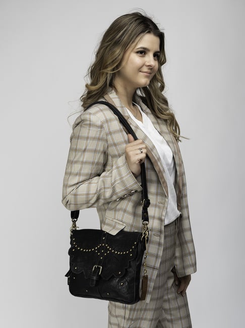 Art N Vintage Carob Black Leather Textured Small Sling Handbag-picture-16