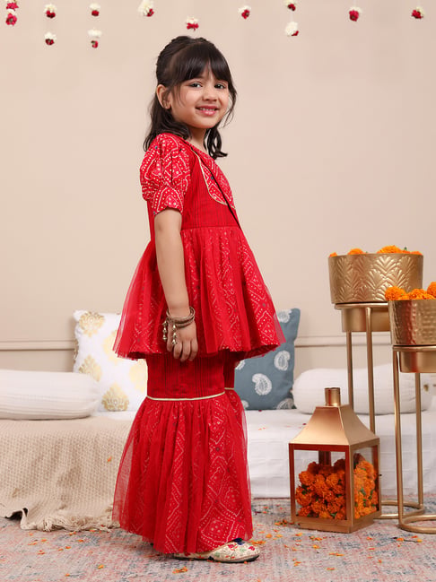 Budding Bees Girls Red Printed Top, Gharara with Sling Bag