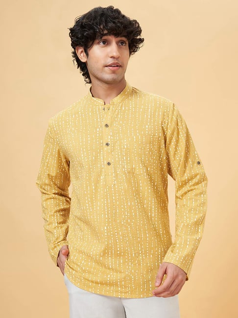 Indus Route By Pantaloons Honey Mustard Cotton Regular Fit Printed Short  Kurta