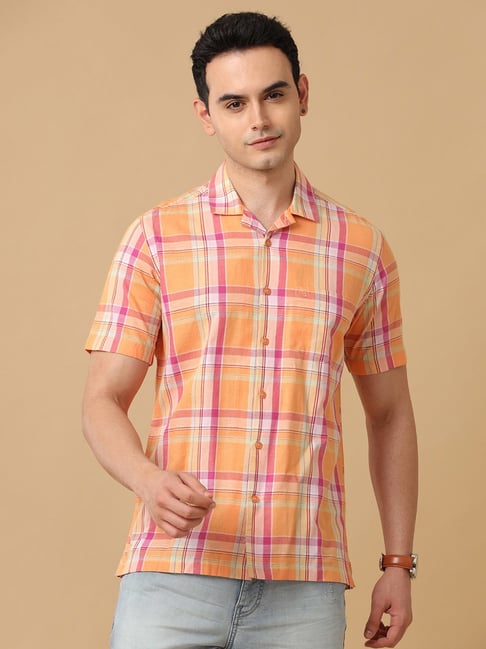 CAVALLO by Linen Club Orange Contemporary Fit Check Shirt-picture-24