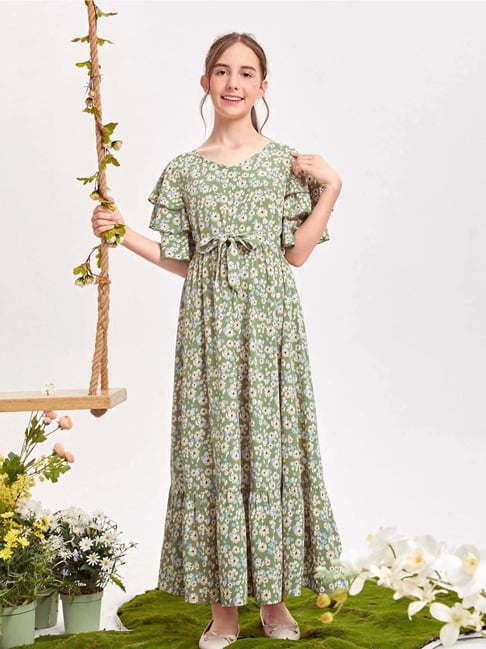 Bolly Lounge Girls Pastel Green Floral Dress