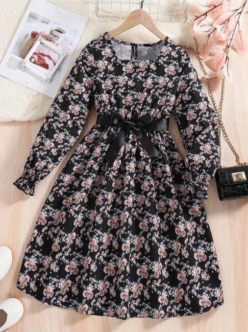 Bolly Lounge Girls Black Floral Full Sleeves Dress