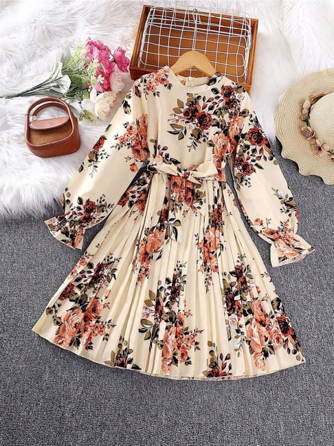 Bolly Lounge Girls Beige Brown Floral Full Sleeves Dress