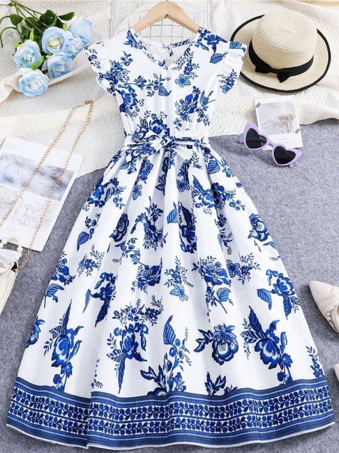 Bolly Lounge Girls Sky Blue White Floral Dress