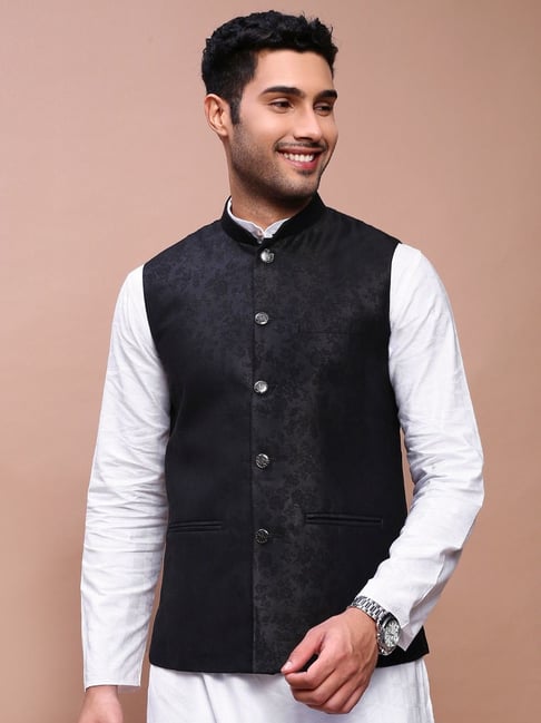 SHOWOFFFF Black Cotton Slim Fit Self Pattern Nehru Jacket