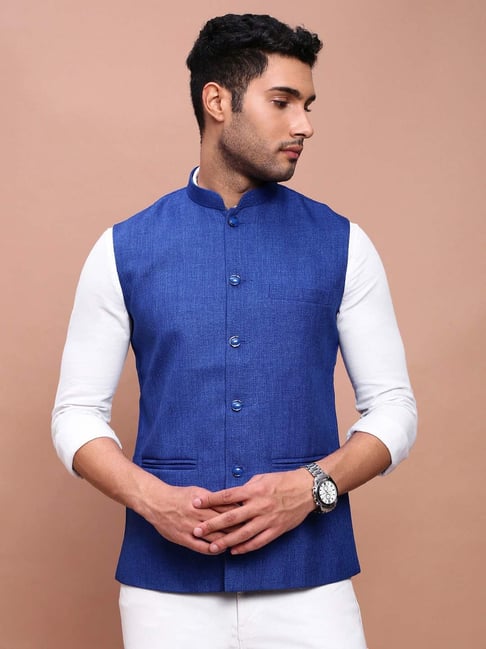 SHOWOFFFF Blue Cotton Slim Fit Nehru Jacket