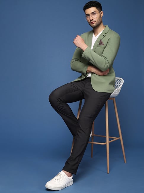 SHOWOFFFF Olive Green Cotton Slim Fit Blazer