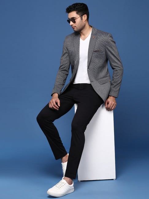 navy blazer grey pants black shoes