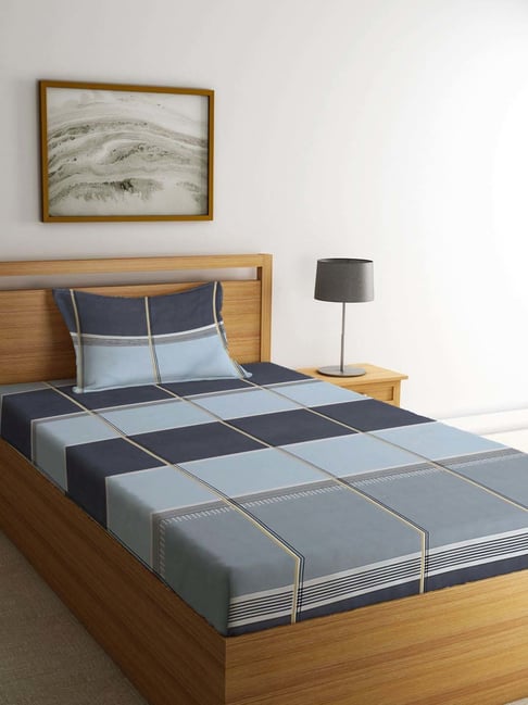 Klotthe Blue 300 TC Polycotton Single Bedsheet with Pillow Cover-picture-47