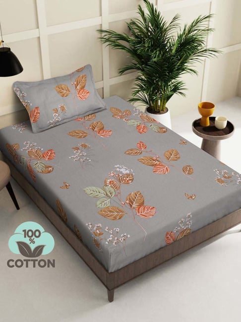 Klotthe Grey 400 TC Cotton Single Elastic Bedsheet with Pillow Cover-picture-26