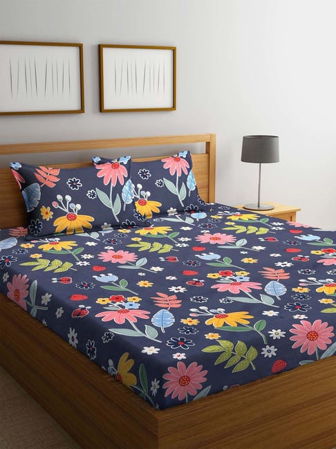 Klotthe Navy 210 TC Polycotton Double Elastic Bedsheet with 2 Pillow Covers-picture-43