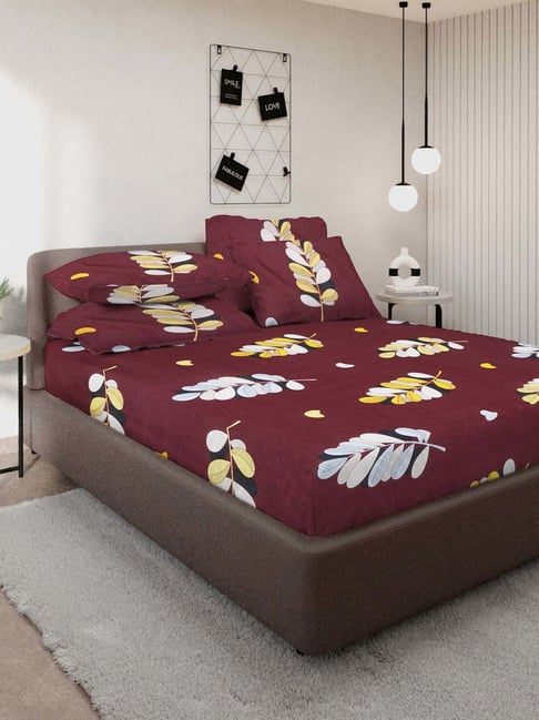 Klotthe Maroon 300 TC Polycotton Double Elastic Bedsheet with 4 Pillow Covers-picture-17