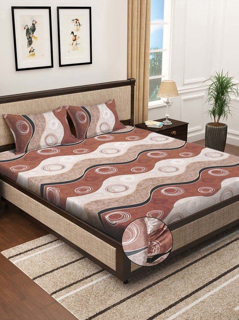 Klotthe Brown 300 TC Polycotton Double Elastic Bedsheet with 2 Pillow Covers-picture-21