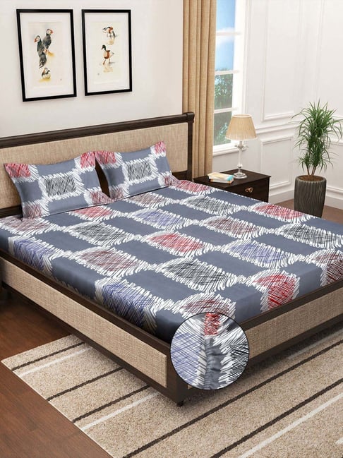 Klotthe Grey 300 TC Polycotton Double Elastic Bedsheet with 2 Pillow Covers-picture-13