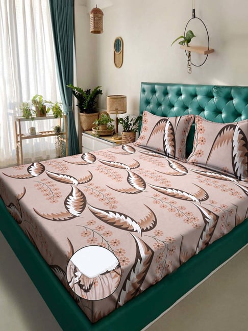 Klotthe Brown 300 TC Polycotton Double Elastic Bedsheet with 2 Pillow Covers-picture-22