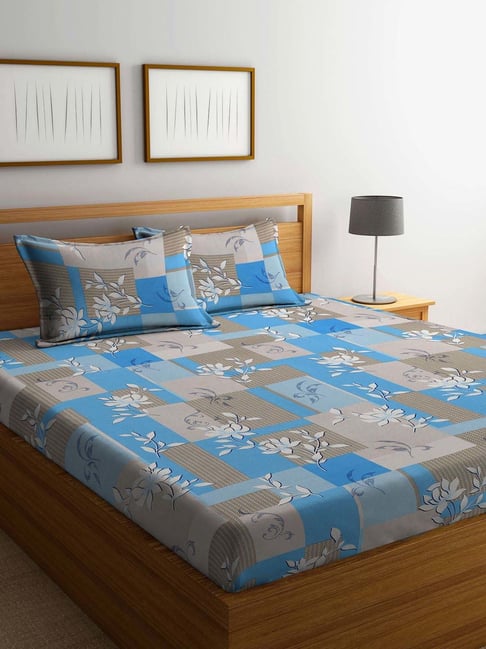Klotthe Blue & Grey 400 TC Cotton Double Elastic Bedsheet with 2 Pillow Covers-picture-29