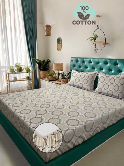 Klotthe Cream 400 TC Cotton Double Elastic Bedsheet with 2 Pillow Covers-picture-44