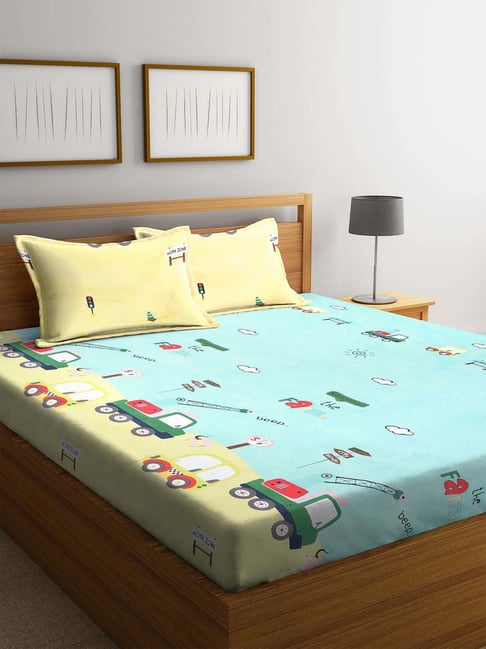 Klotthe Blue & Yellow 300 TC Polycotton Double Book Fold Bedsheet with 2 Pillow Covers-picture-48