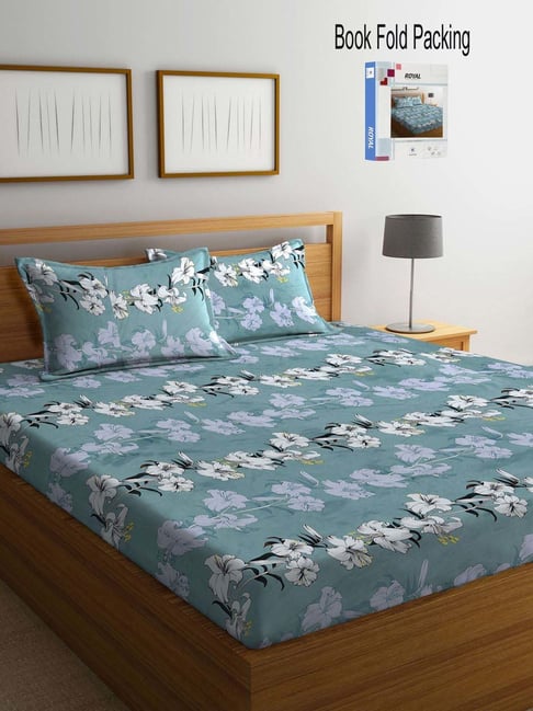 Klotthe Teal 300 TC Polycotton Double Book Fold Bedsheet with 2 Pillow Covers-picture-41
