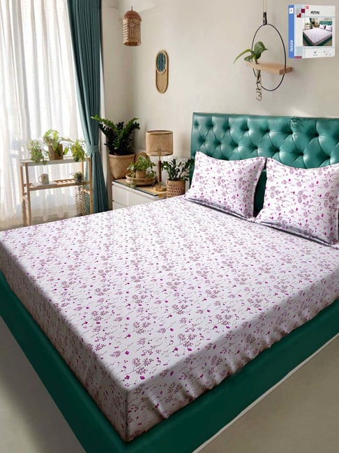 Klotthe White & Purple 300 TC Polycotton Double Book Fold Bedsheet with 2 Pillow Covers-picture-11