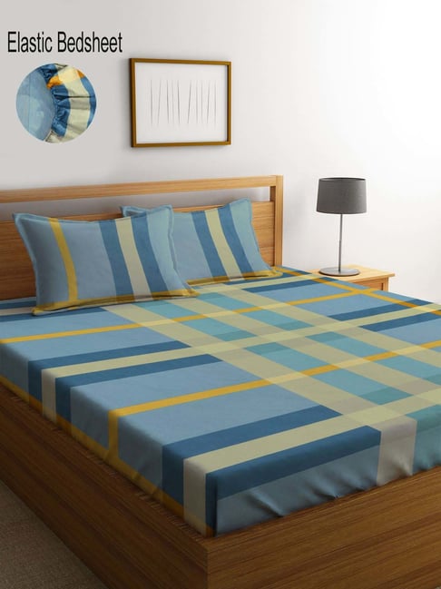 Klotthe Blue 300 TC Polycotton Double Elastic Book Fold Bedsheet with 2 Pillow Covers-picture-25