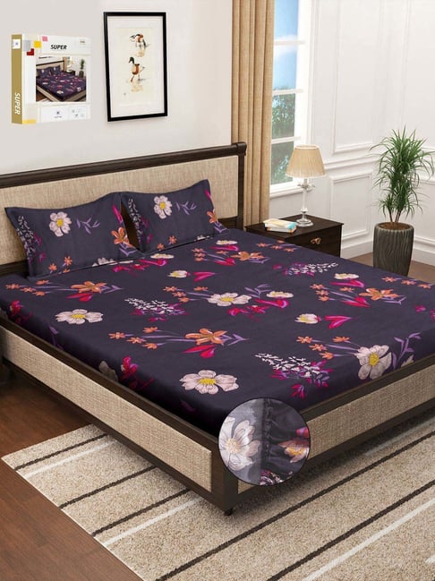Klotthe Navy 300 TC Polycotton Double Elastic Book Fold Bedsheet with 2 Pillow Covers-picture-34