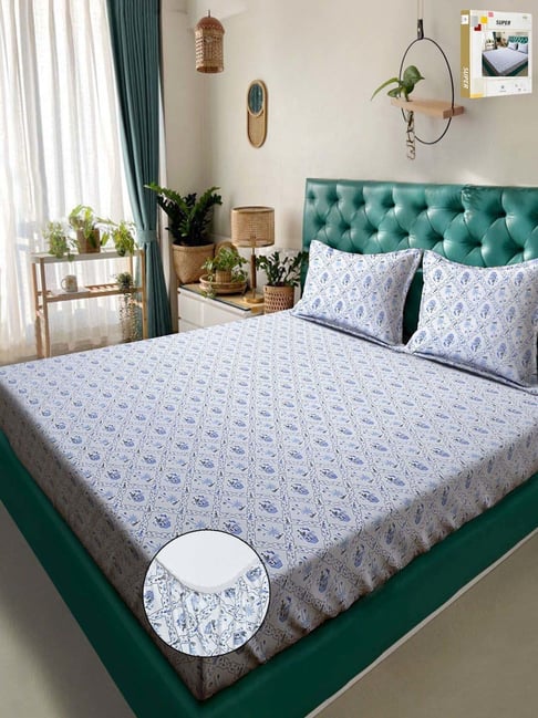 Klotthe Blue 300 TC Polycotton Double Elastic Book Fold Bedsheet with 2 Pillow Covers-picture-30