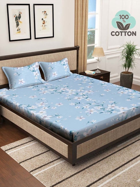 Klotthe Blue 400 TC Cotton Double Elastic Book Fold Bedsheet with 2 Pillow Covers-picture-37