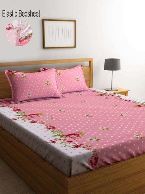 Klotthe Pink & White 300 TC Polycotton Double Elastic Book Fold Bedsheet with 2 Pillow Covers-picture-23