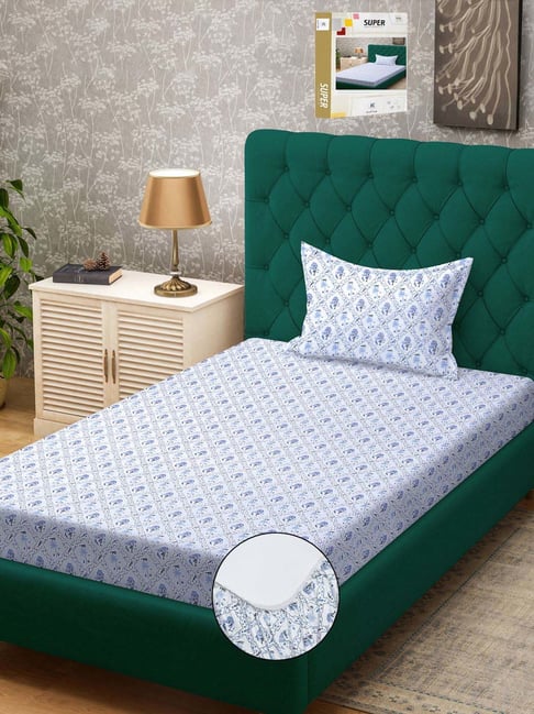 Klotthe White & Blue 300 TC Polycotton Single Elastic Book Fold Bedsheet with Pillow Cover-picture-27