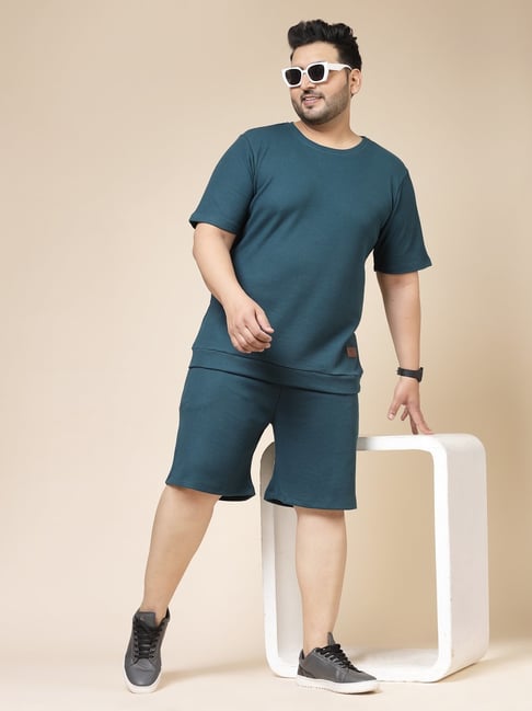 Rigo Mens Plus Size Textured Teal Green Cotton Co-Ord Set