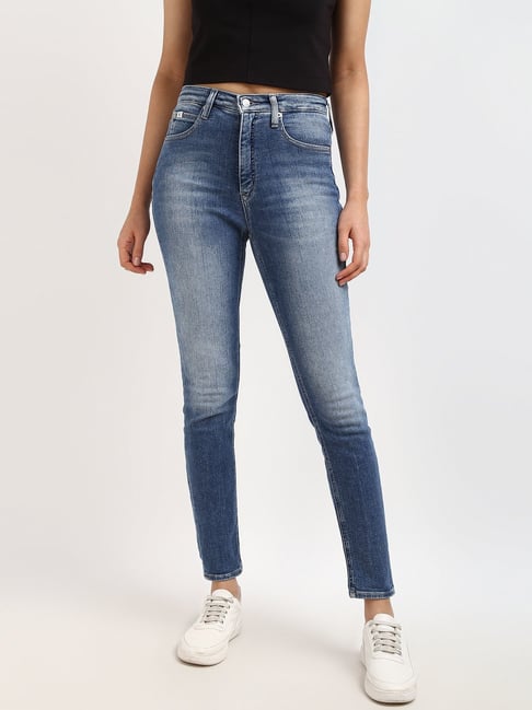 Calvin Klein Jeans Women Mid Blue Washed High-Rise Ankle Length Jeans