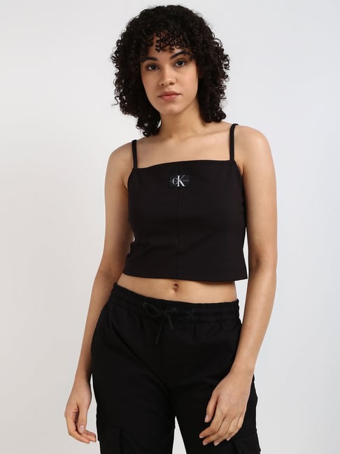 Calvin Klein Jeans Women Black Solid Square Neck Shoulder Straps Crop Top