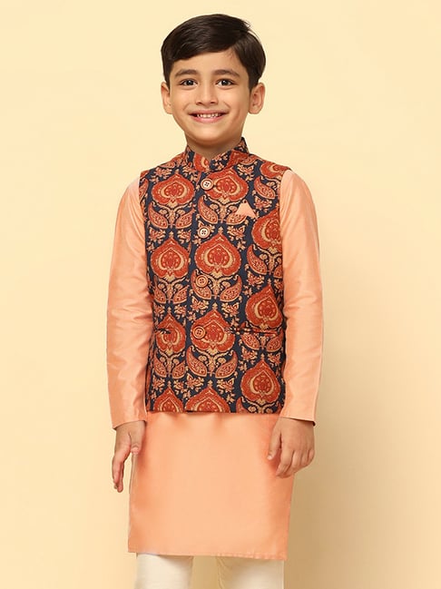 KISAH Boys Navy Orange Printed Nehru Jacket